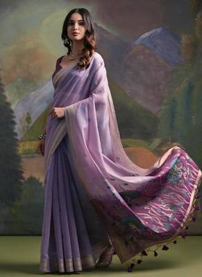 Levender color muga cotton colorfull resham weaving saree 2