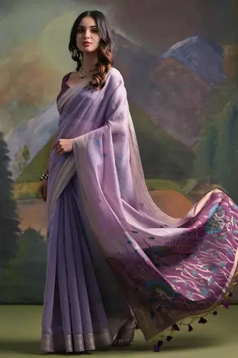 Levender color muga cotton colorfull resham weaving saree