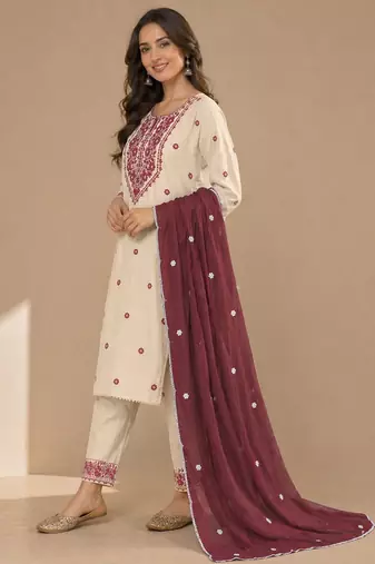Elegant off-white embroidered kurta set with brown dupatta for women