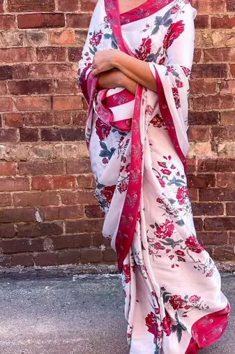 White original japan satin saree with digital print blouse