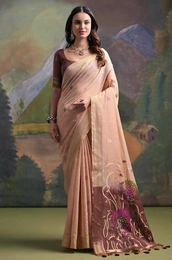 Peach color muga cotton colorfull resham weaving saree