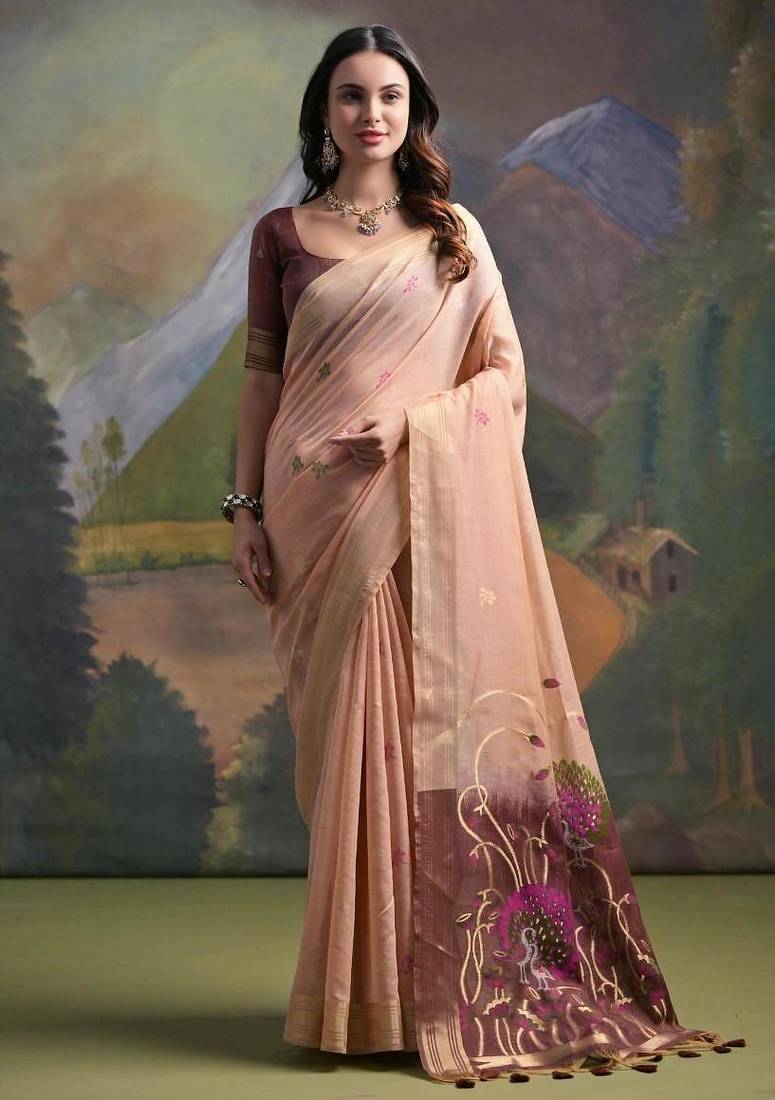 Peach color muga cotton colorfull resham weaving saree