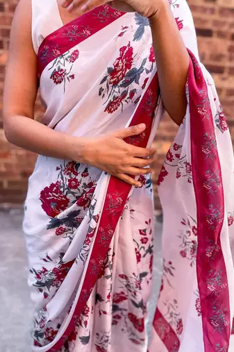 White original japan satin saree with digital print blouse