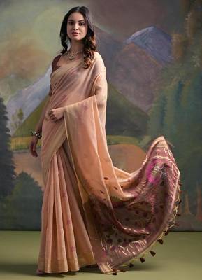 Peach color muga cotton colorfull resham weaving saree 2
