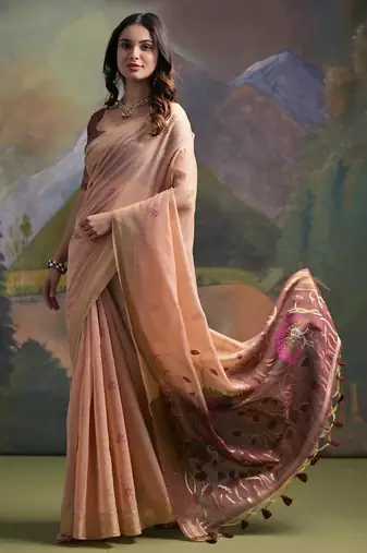 Peach color muga cotton colorfull resham weaving saree