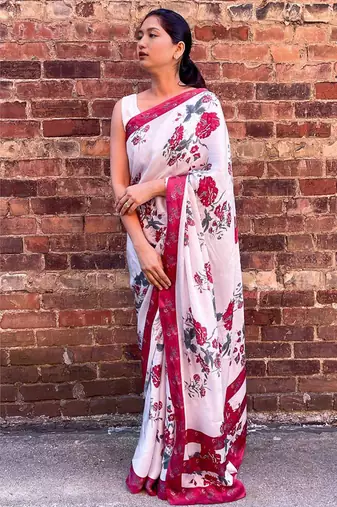 White original japan satin saree with digital print blouse