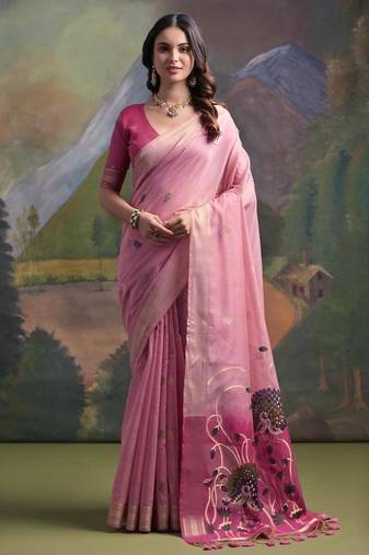 Pink color muga cotton colorfull resham weaving saree