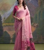 Pink color muga cotton colorfull resham weaving saree