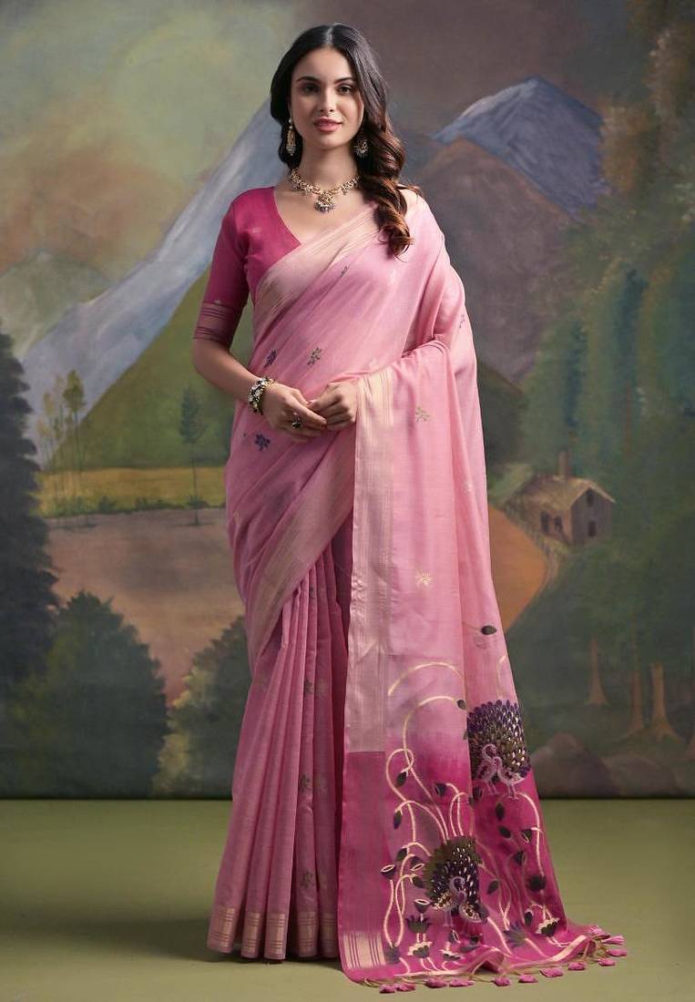 Pink color muga cotton colorfull resham weaving saree