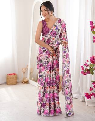 purple silk blend digital printed saree with swarovski diamond work & blouse piece 5