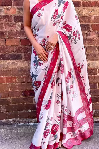 White original japan satin saree with digital print blouse