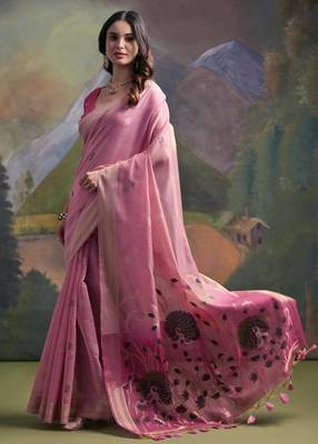 Pink color muga cotton colorfull resham weaving saree 2