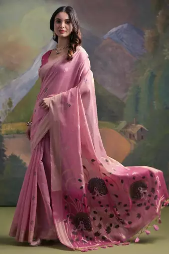 Pink color muga cotton colorfull resham weaving saree