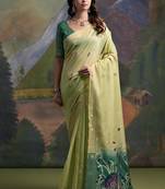 Pista color muga cotton colorfull resham weaving saree
