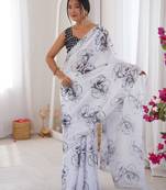 white silk blend digital printed saree with swarovski diamond work & blouse piece