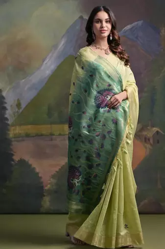 Pista color muga cotton colorfull resham weaving saree
