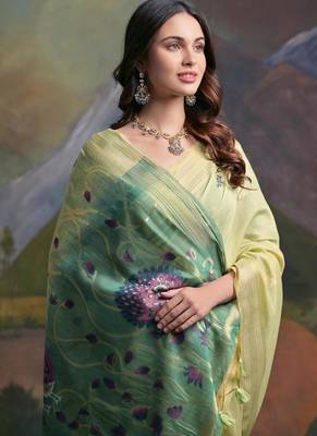 Pista color muga cotton colorfull resham weaving saree 3