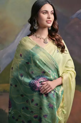 Pista color muga cotton colorfull resham weaving saree