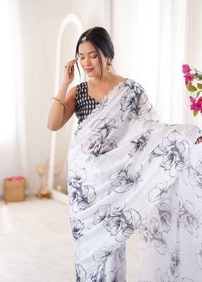 white silk blend digital printed saree with swarovski diamond work & blouse piece 2