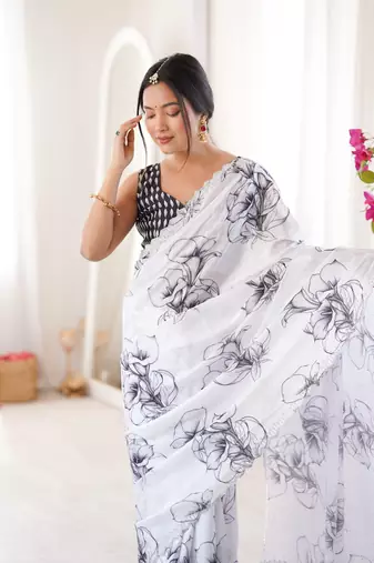 white silk blend digital printed saree with swarovski diamond work & blouse piece