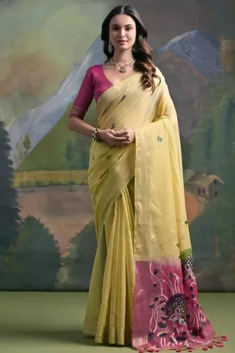 Yellow color muga cotton colorfull resham weaving saree