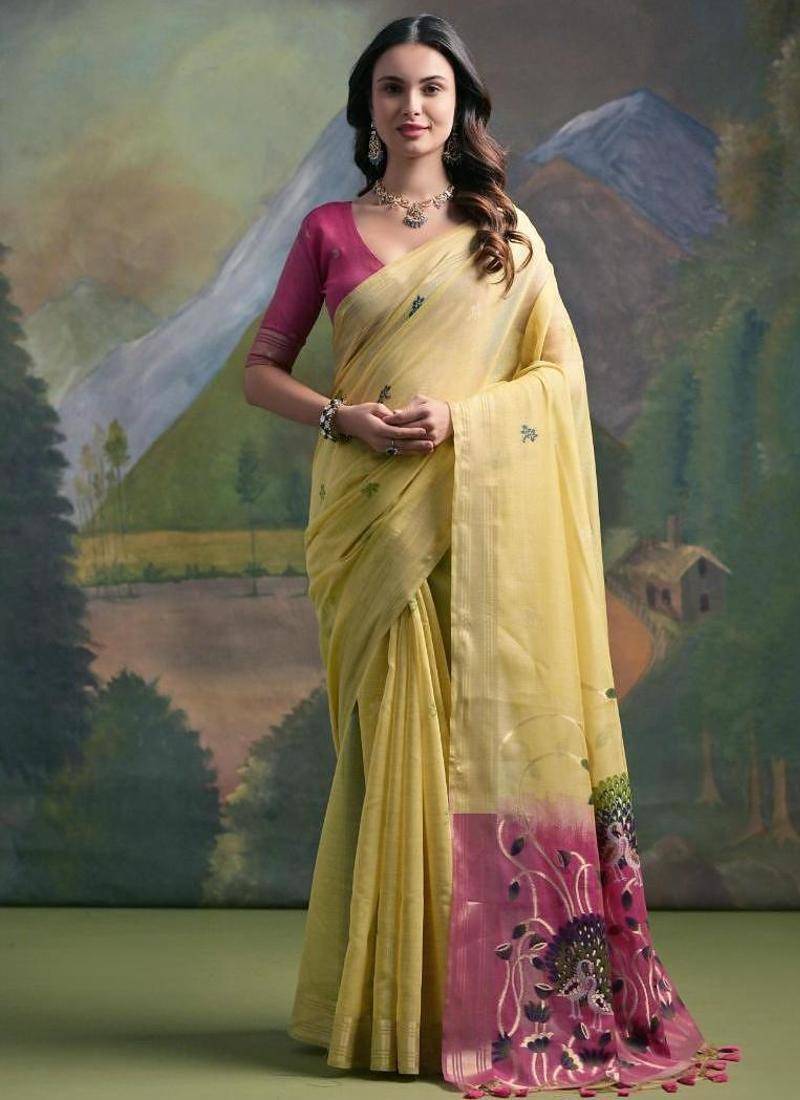 Yellow color muga cotton colorfull resham weaving saree