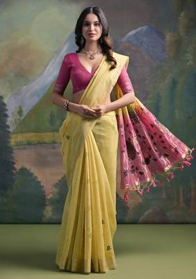 Yellow color muga cotton colorfull resham weaving saree 2