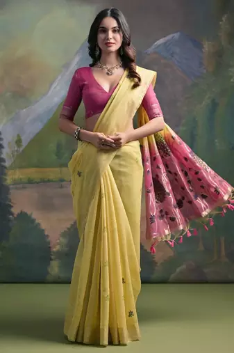 Yellow color muga cotton colorfull resham weaving saree