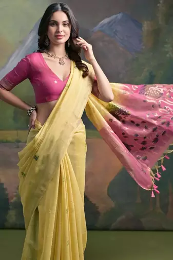 Yellow color muga cotton colorfull resham weaving saree