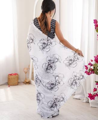 white silk blend digital printed saree with swarovski diamond work & blouse piece 3