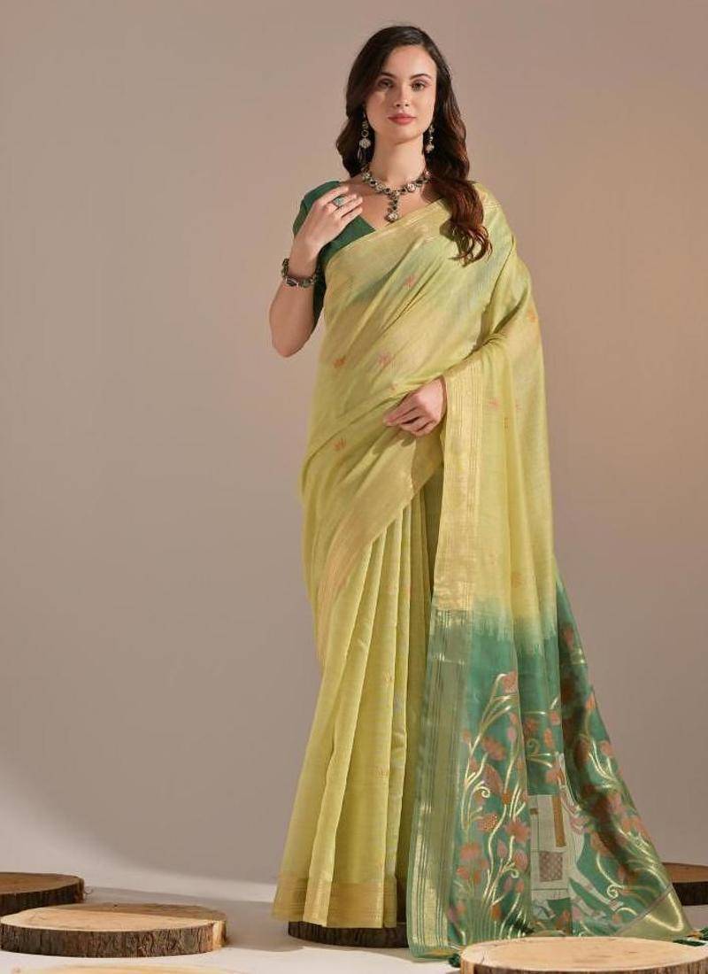 Lemon color muga cotton colorfull resham weaving saree