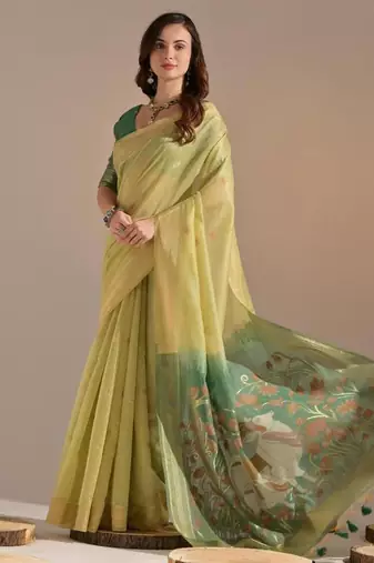 Lemon color muga cotton colorfull resham weaving saree