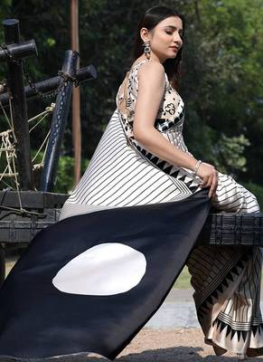 Cream original japan satin saree with digital print blouse 2