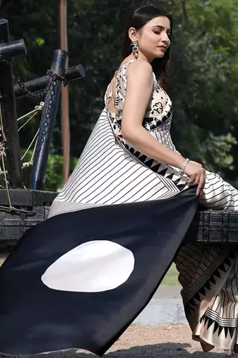 Cream original japan satin saree with digital print blouse