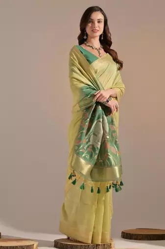 Lemon color muga cotton colorfull resham weaving saree