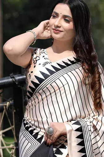 Cream original japan satin saree with digital print blouse