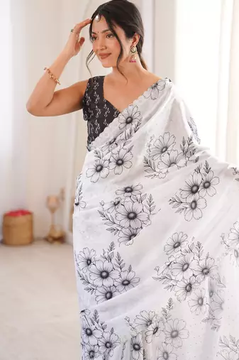 white silk blend digital printed saree with swarovski diamond work & blouse piece