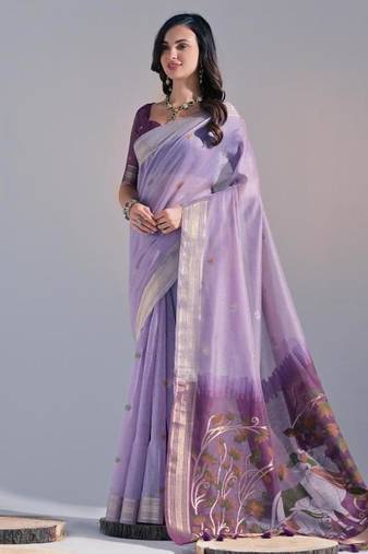 Levender color muga cotton colorfull resham weaving saree