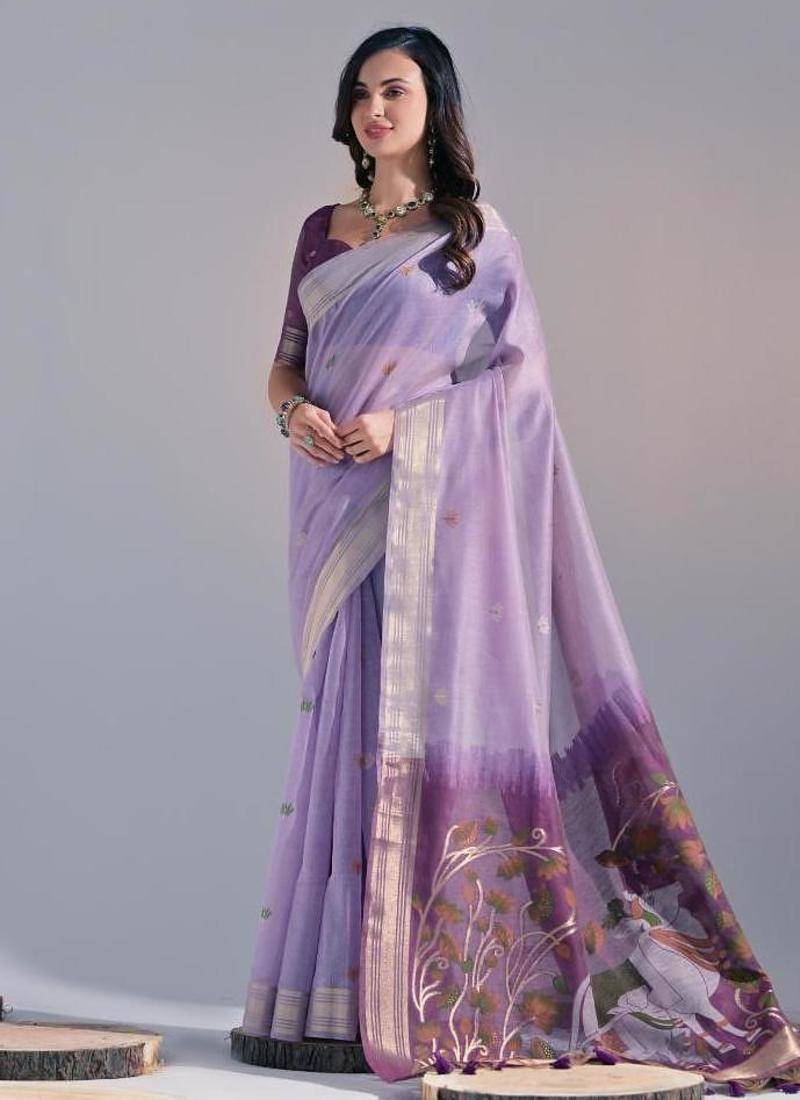 Levender color muga cotton colorfull resham weaving saree