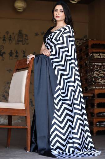 Black original japan devsena satin saree japan satin digital print blouse