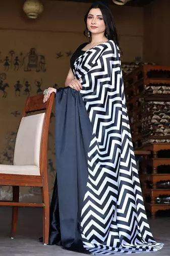 Black original japan devsena satin saree japan satin digital print blouse