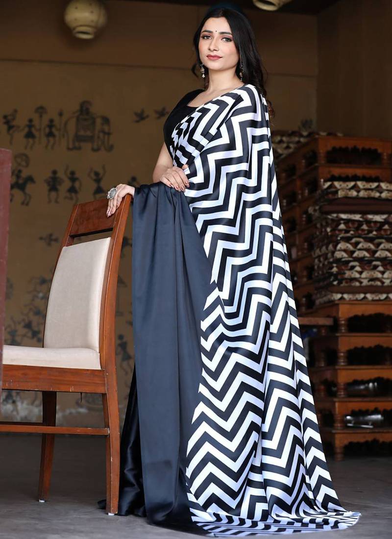 Black original japan devsena satin saree japan satin digital print blouse