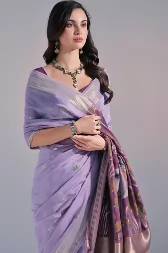 Levender color muga cotton colorfull resham weaving saree