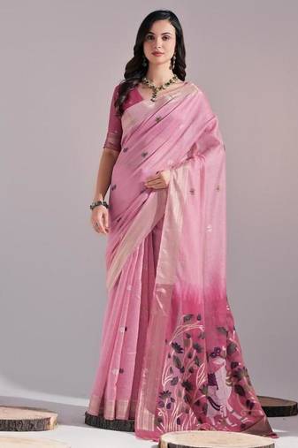 Pink color muga cotton colorfull resham weaving saree
