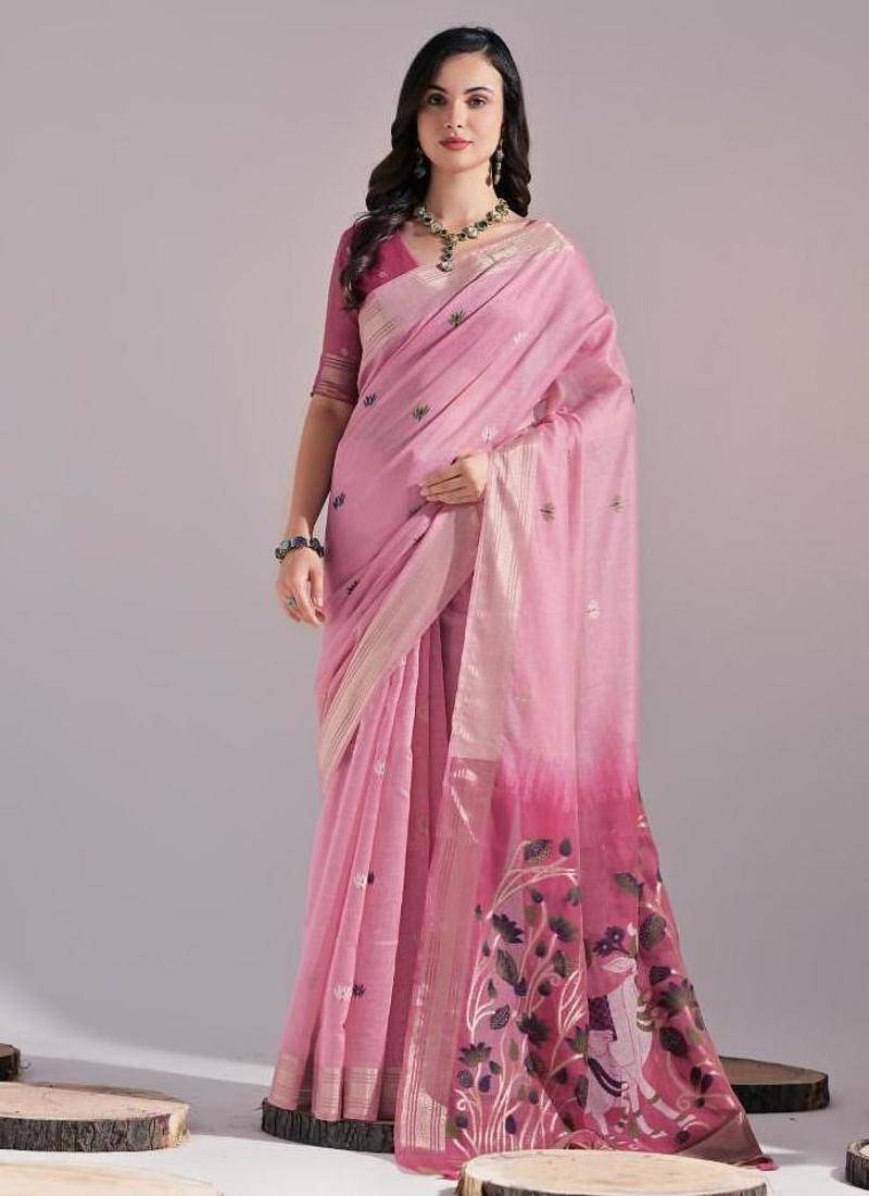 Pink color muga cotton colorfull resham weaving saree