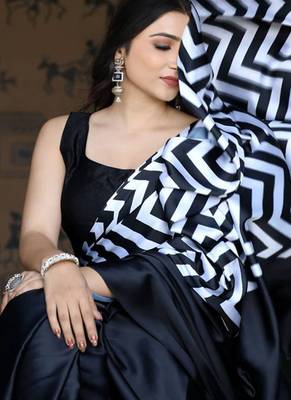 Black original japan satin saree with digital print blouse 3