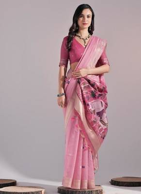 Pink color muga cotton colorfull resham weaving saree 2