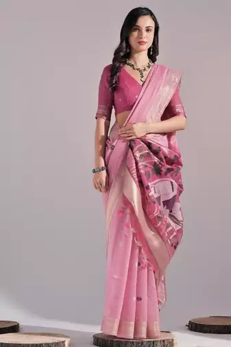 Pink color muga cotton colorfull resham weaving saree