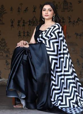 Black original japan satin saree with digital print blouse 4