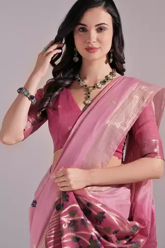 Pink color muga cotton colorfull resham weaving saree